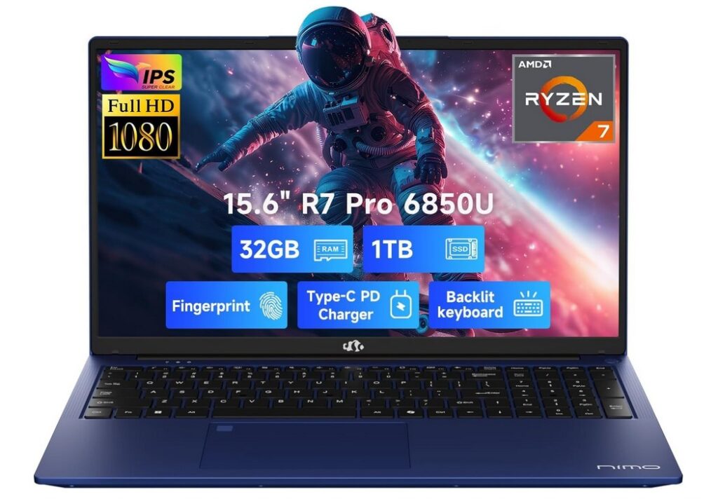 NIMO Laptop-Gaming-Laptop, 8 Cores AMD Ryzen 7 Pro 6850U 32GB LPDDR5 RAM 1TB SSD (Beat i7-1360P Up to 4.7GHz) GPU AMD Radeon 680M IPS Computer with 100W Type-C Backlit Keyboard Fingerprint